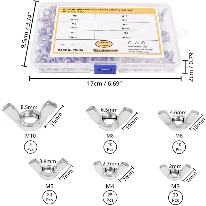 Wing Nut Assortment (100 Pieces) - Sizes M3, M4, M5, M6, M8 And M10 - 304 Stainless Steel Fastener Screws - Silver Wing - Image 2