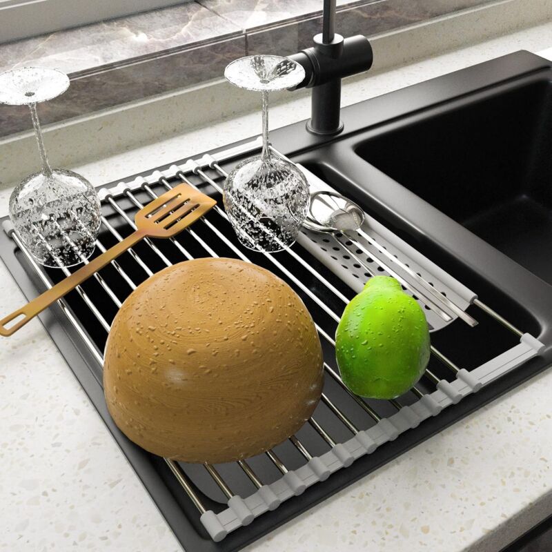 Stainless Steel Kitchen Dish Drainer Rack Foldable And Removable Stainless Steel ROller Drying Rack For Sink Draining - Image 3