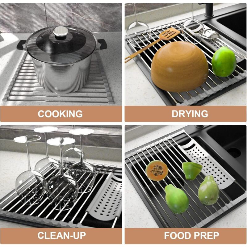 Stainless Steel Kitchen Dish Drainer Rack Foldable And Removable Stainless Steel ROller Drying Rack For Sink Draining - Image 4