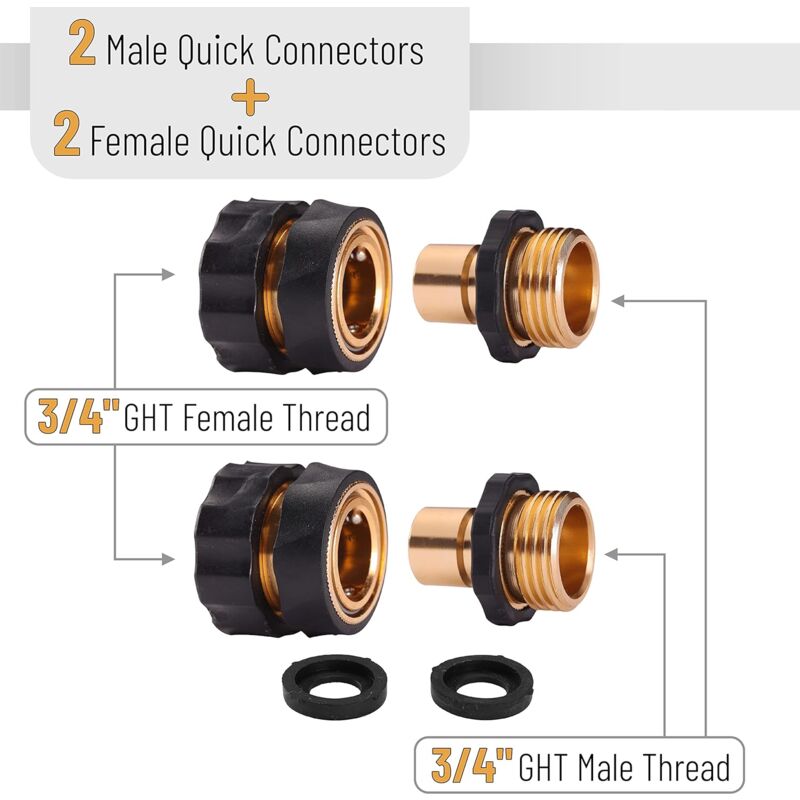 Garden Hose Quick Connectors, 3/4 Inch, 2 Sets (2 Female + 2 Male) Quick Connect Water Hose Connectors, Hose Fittings, - Image 2