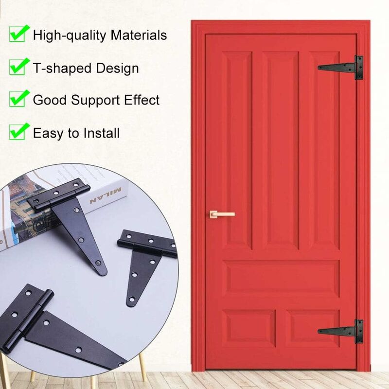 6 pcs Black T-Hinge Barn Door Hinge 4 Inch Exterior T-Hinges With 36 Screws Iron Door Hinges Heavy Duty Hinges For - Image 2