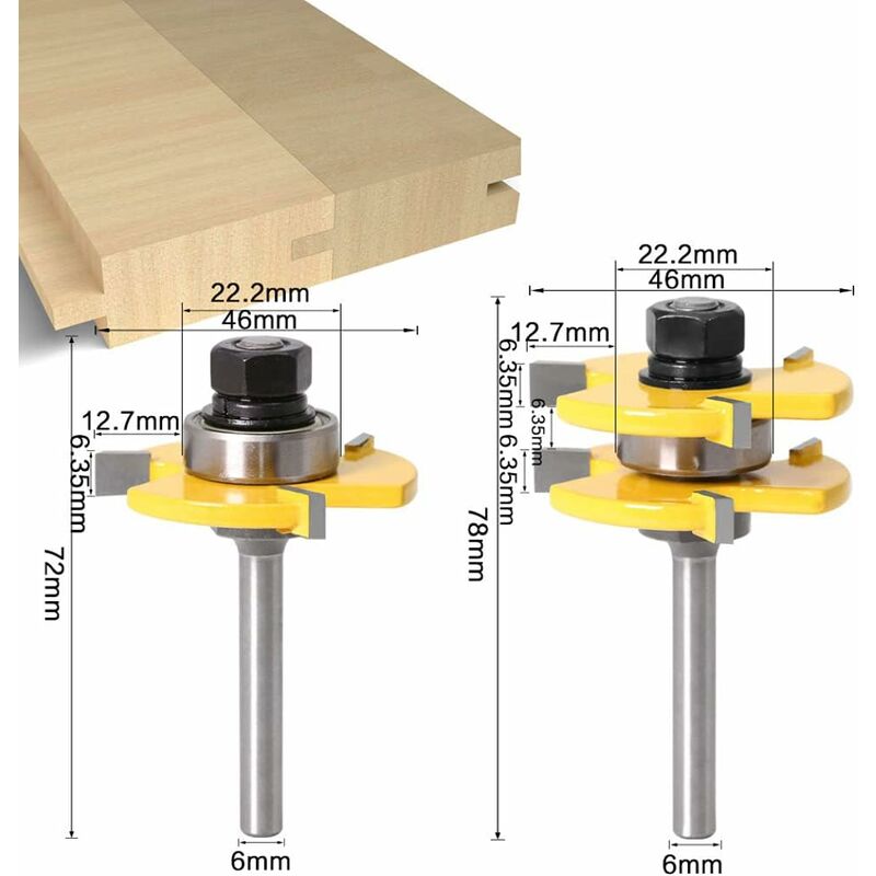 6Mm Shank Matched Tongue And Groove ROuter Bit Set 3 Teeth T Shape Wood Cutter Cutting Woodworking Tool (6Mm) - Image 2