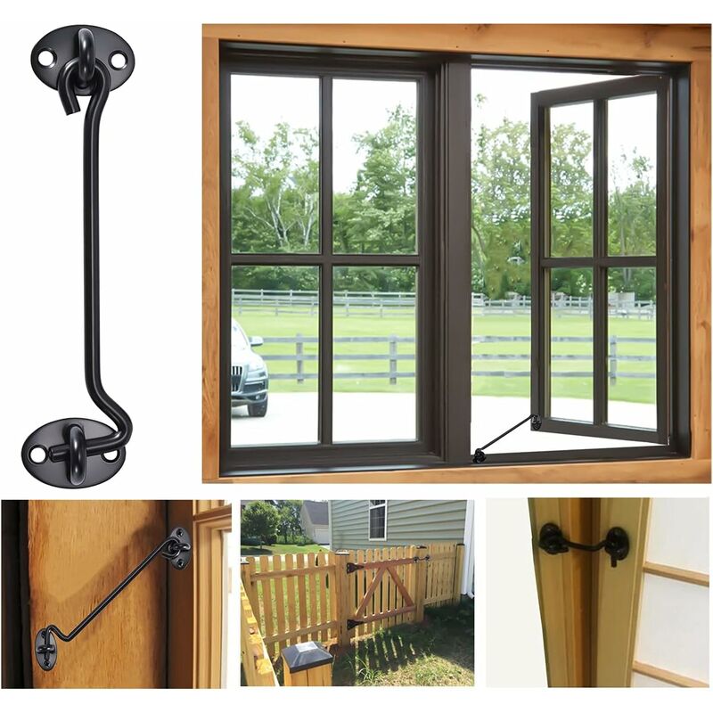 Cabin Hook 2 Pieces Door Hook Lock, Black Stainless Steel Door Hook Lock, With Mounting Screws, For Window, Barn Door, - Image 2