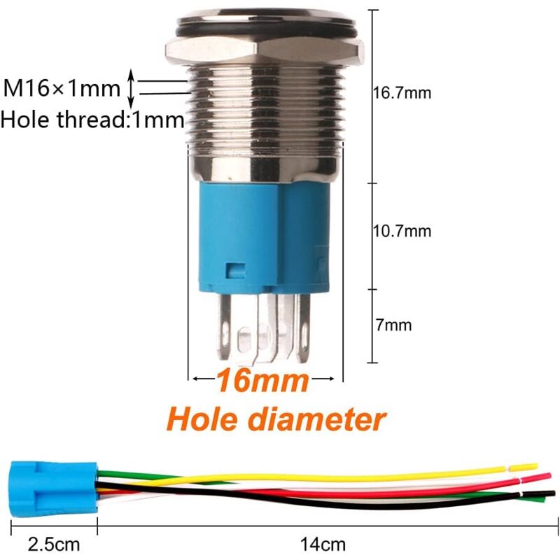 12V-24V/5A 16Mm Pre-Wired Momentary Horn Push Button Switch Waterproof Metal Button With Red LED - Image 2
