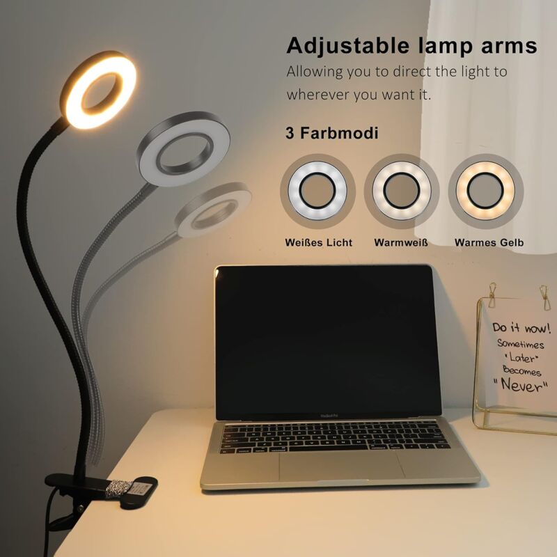 360° Flexible LED Clip-On Lamp 3 Modes 10 Dimmable Levels For Headboard Bedroom Office 12W With Ce Adapter Black - Image 2