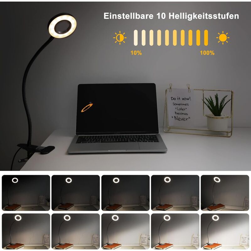 360° Flexible LED Clip-On Lamp 3 Modes 10 Dimmable Levels For Headboard Bedroom Office 12W With Ce Adapter Black - Image 3