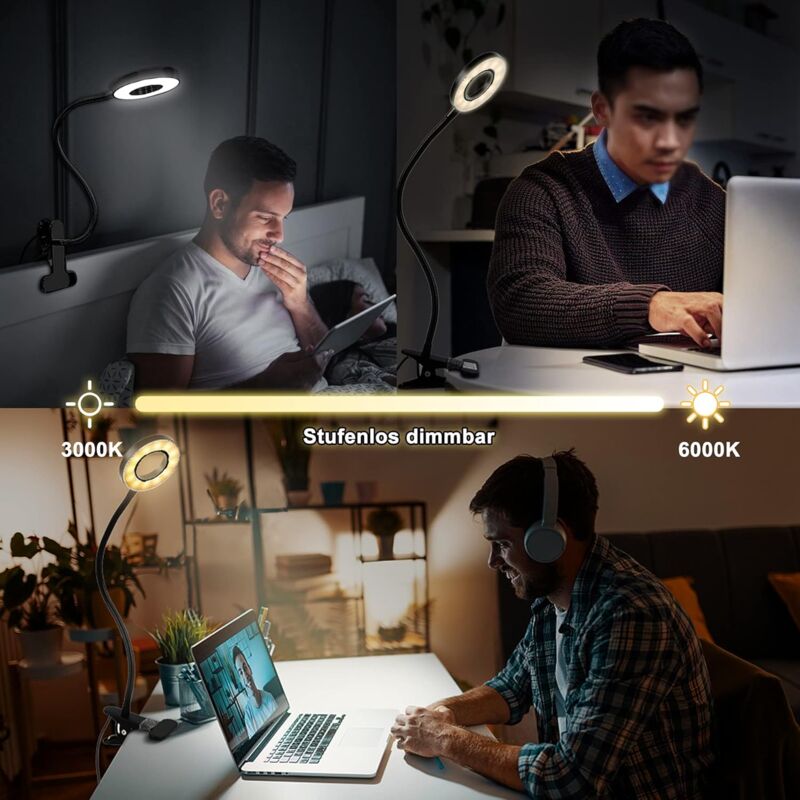 360° Flexible LED Clip-On Lamp 3 Modes 10 Dimmable Levels For Headboard Bedroom Office 12W With Ce Adapter Black - Image 4
