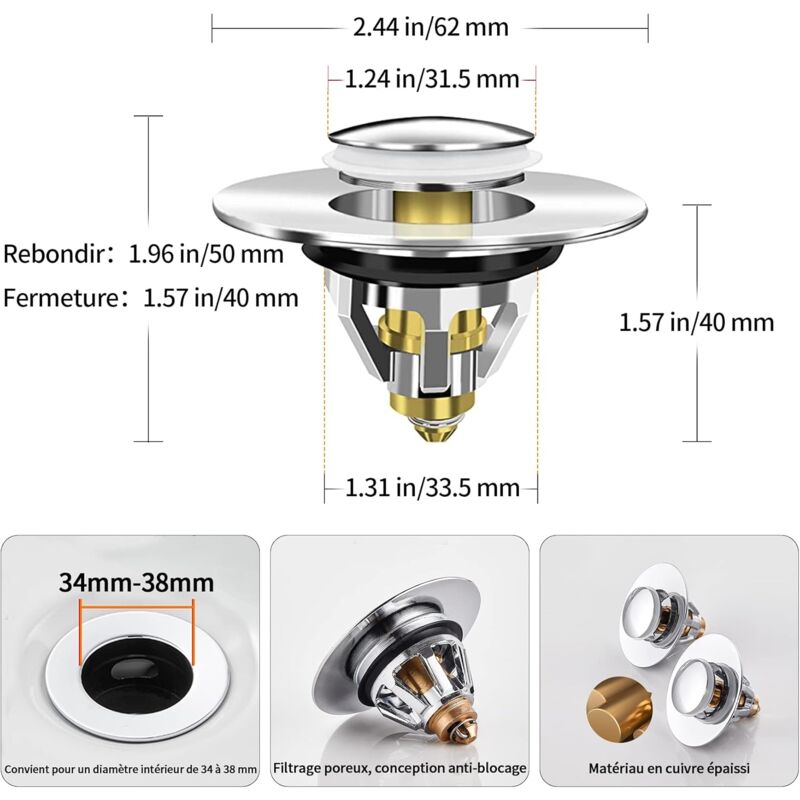 Sink Plug, Universal Pop-Up Drain Stopper With Hair Filter Anti-Odor Anti-Blocked, Stainless Steel Kitchen Sink Bathtub - Image 3