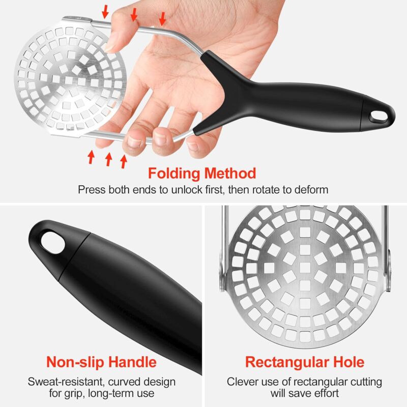 Stainless Steel Potato Masher, Professional Manual Potato Ricer With Non-Slip Handle, Foldable Apple Masher For Fruits, - Image 3