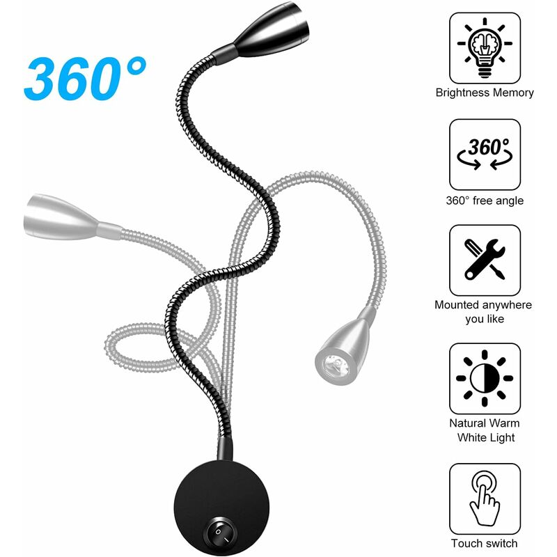 Bedside Wall Lamp 2 Pack Lights Wall Mounted Reading Light LED Gooseneck Light 3W, 6000K Warm White Reading Lamp. - Image 2