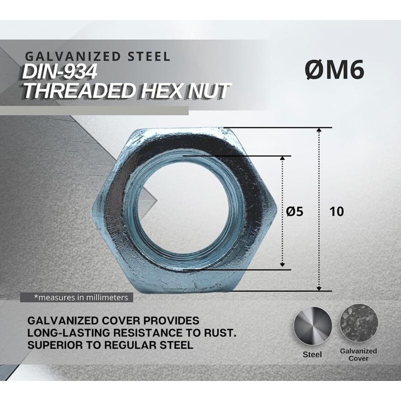 Nut 50 Hexagonal Nut M6 5Mm X 10Mm Galvanized Steel Din 934 Nut M6 For Bolts And Nuts, Coupling Elements, Adjustment - Image 4