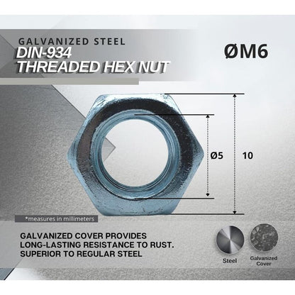 Nut 50 Hexagonal Nut M6 5Mm X 10Mm Galvanized Steel Din 934 Nut M6 For Bolts And Nuts, Coupling Elements, Adjustment - Image 4