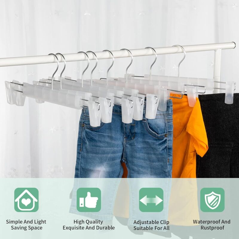 10 Pack Skirt Hangers, Trouser Hangers, With 2 Adjustable Non-Slip Clips, For Hanging Pants, Socks, Skirts - Translucent - Image 2