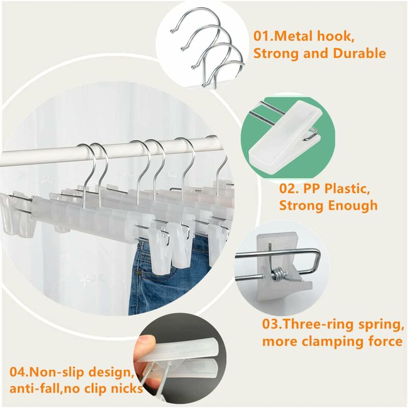 10 Pack Skirt Hangers, Trouser Hangers, With 2 Adjustable Non-Slip Clips, For Hanging Pants, Socks, Skirts - Translucent - Image 3