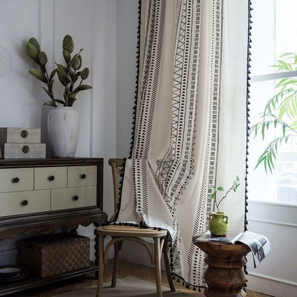 1 Panel Bohemian Curtains Cotton Linen Black Tassel Curtains For Living ROom Bedroom (White, 150 X 180 Cm) - Image 2