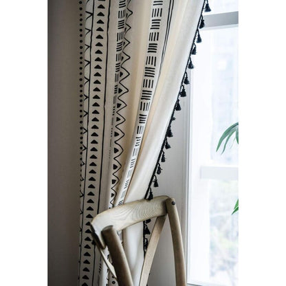 1 Panel Bohemian Curtains Cotton Linen Black Tassel Curtains For Living ROom Bedroom (White, 150 X 180 Cm) - Image 3
