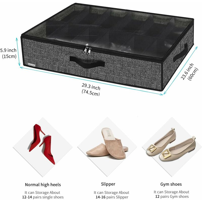 2 Pack Shoe Storage Bag With Clear Window - 12 Compartment Shoe Organizer For Under Bed Storage, Black Linen Fabric - Image 2