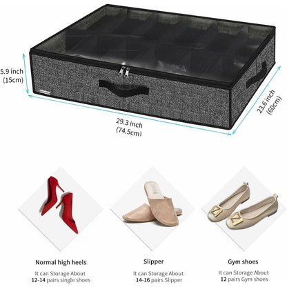 2 Pack Shoe Storage Bag With Clear Window - 12 Compartment Shoe Organizer For Under Bed Storage, Black Linen Fabric - Image 2