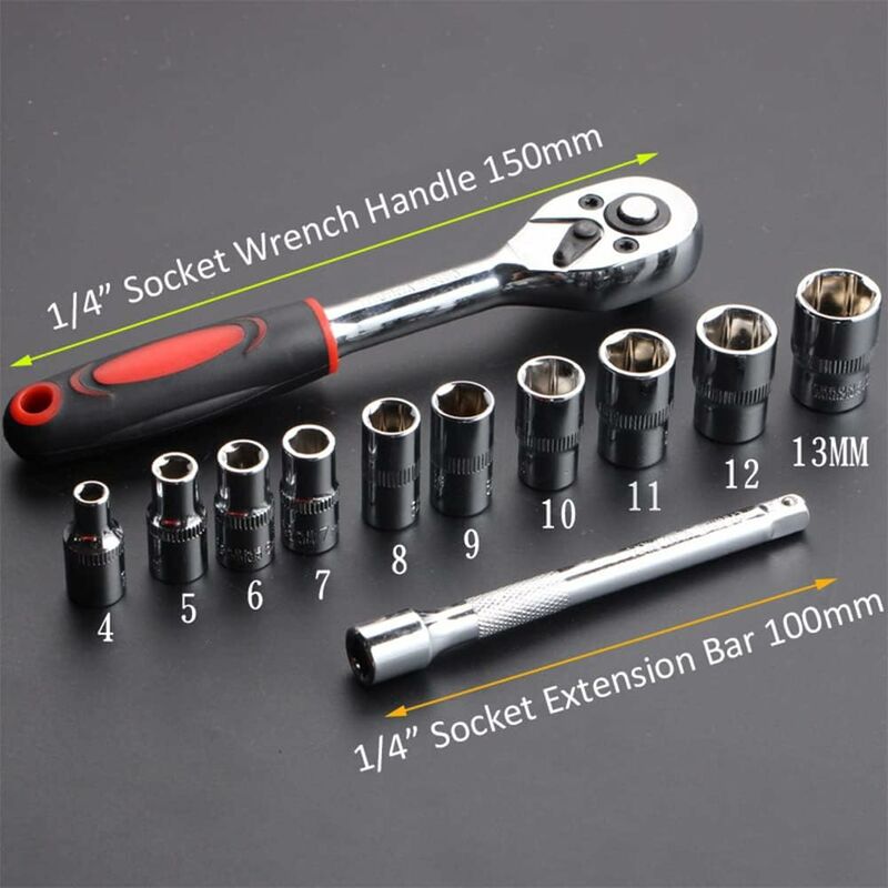 12 Piece 6.35Mm Ratchet Wrench Set, Mechanics Tool Kit & Sockets With Quick Release Reversible Ratchet Handle & - Image 3