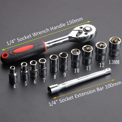 12 Piece 6.35Mm Ratchet Wrench Set, Mechanics Tool Kit & Sockets With Quick Release Reversible Ratchet Handle & - Image 3