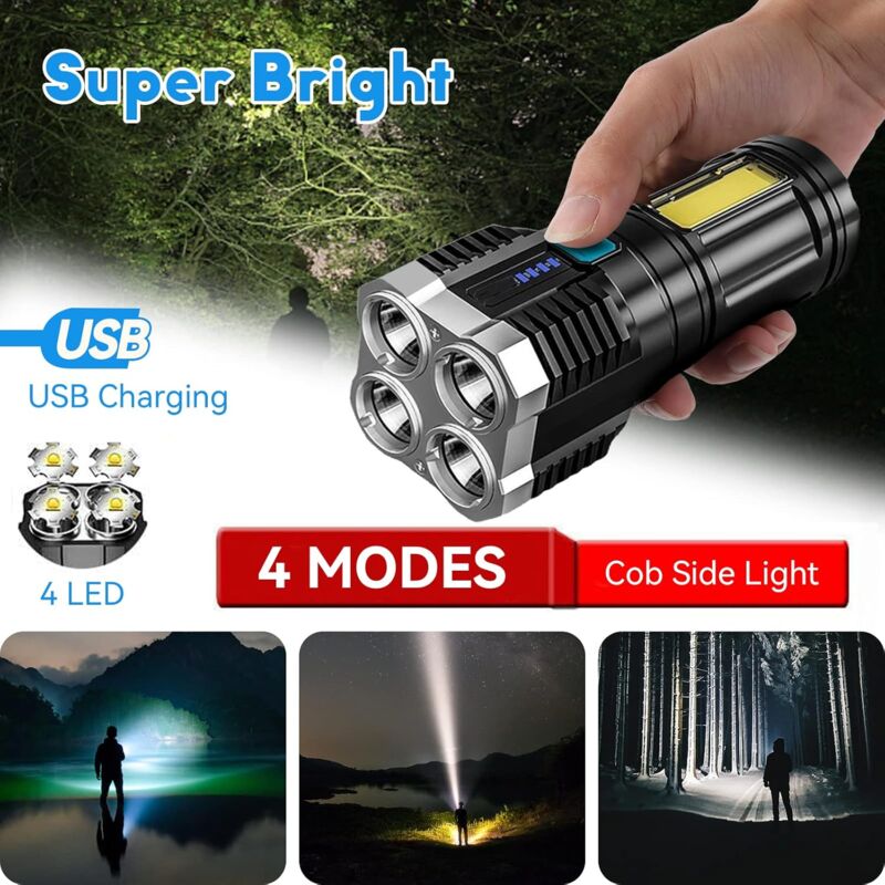 Super Bright LED Torches, Usb Rechargeable Torch With Side Light 4 Modes Cob Powerful Lumens For Outdoor Camping Torch - Image 4