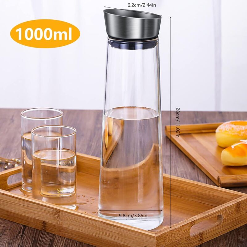Glass Carafe, 1 Liter Leak Proof Glass Carafe With Stainless Steel Flip Lid For Water, Milk, Juice And Lemonade - Image 2