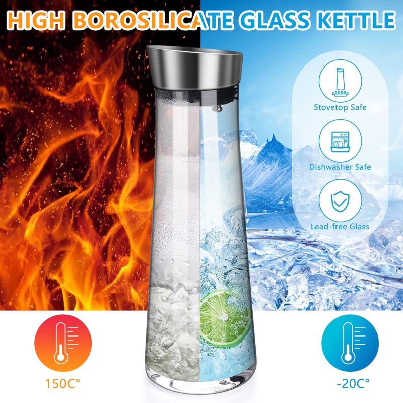 Glass Carafe, 1 Liter Leak Proof Glass Carafe With Stainless Steel Flip Lid For Water, Milk, Juice And Lemonade - Image 3