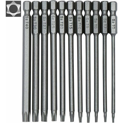 11 Piece Long Torx Screwdriver Bit Set - Magnetic Bits - 1/4" Hex Shank - Sizes T6 To T40 - 100Mm Length