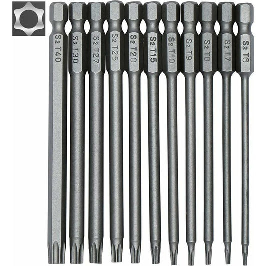 11 Piece Long Torx Screwdriver Bit Set - Magnetic Bits - 1/4" Hex Shank - Sizes T6 To T40 - 100Mm Length