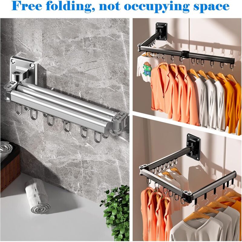 Wall Mounted Clothes Drying Rack, Indoor And Outdoor Foldable Clothes Dryer, Aluminum - Silver - Image 2