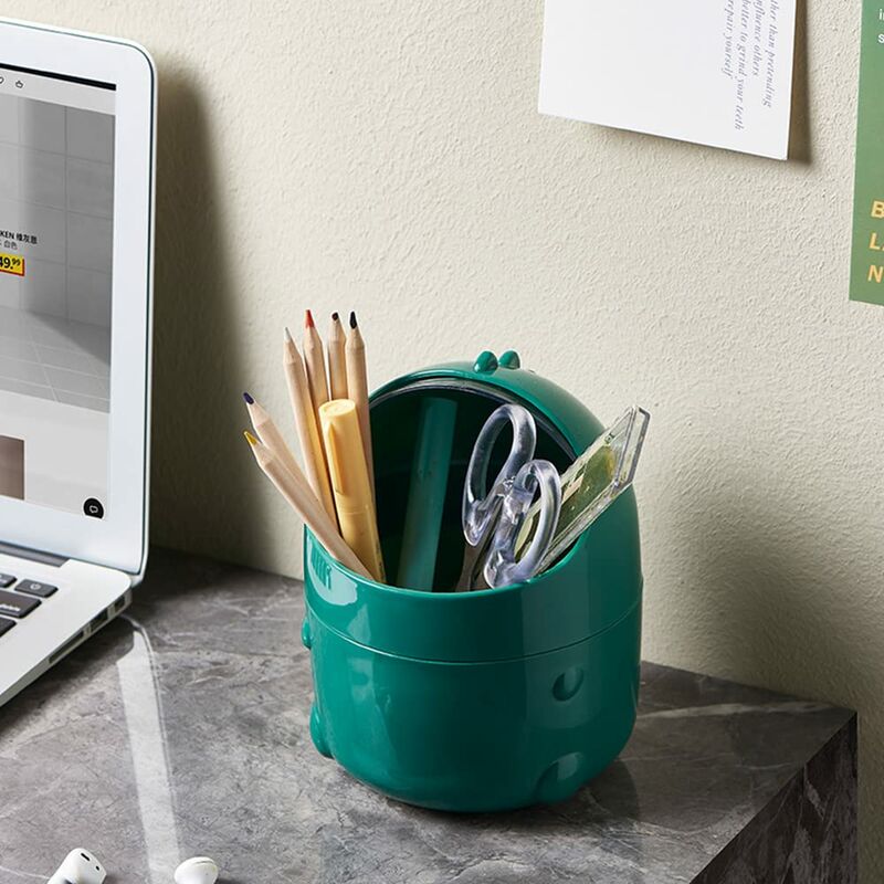 Mini Desktop Trash Can With Lid For Bathroom Kitchen Office Cartoon Style Portable Green - Image 2
