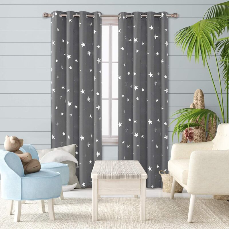 2 pcs Set Thermal Blackout Curtains Anti Cold Silver Star Pattern Eyelet Curtains 132X245Cm Light Grey - Image 3