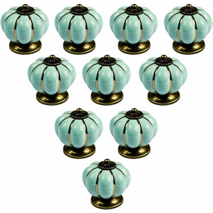 10 pcs Vintage European Style Ceramic Pumpkin Cabinet Knobs Dresser Cupboard Drawer Pull Handles Knobs, Light Blue