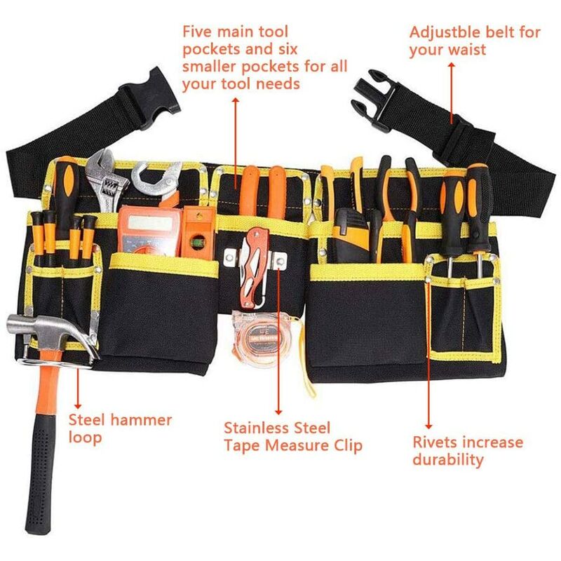 Tool Belt With 11 Pockets, Waterproof Oxford Fabric Tool Holder With Adjustable Straps, For Electricians, Carpenters, - Image 2
