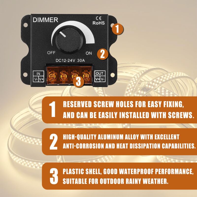 LED ROtary LED Dimmer Switch Dimming Controller Dc 12V-24V 30A Pwm Dimmer Knob For Adjusting Brightness(2 Pack) - Image 4