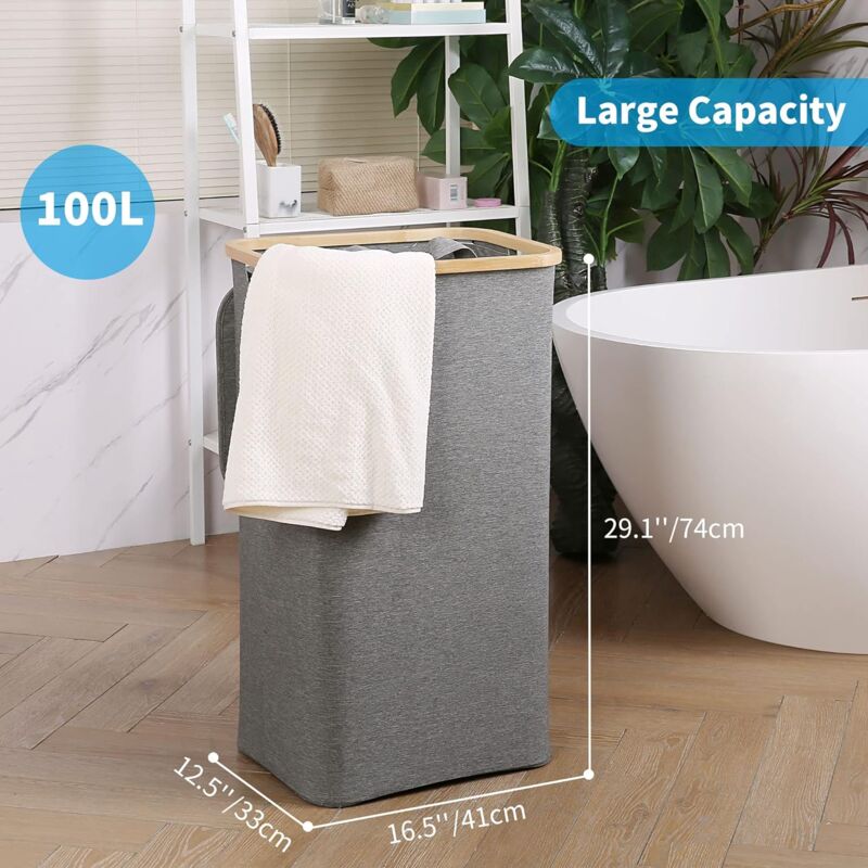 Large Laundry Basket With Lid, 100L Dirty Basket With Bamboo Handles For Clothes, Laundry Basket Xxl Foldable With - Image 2