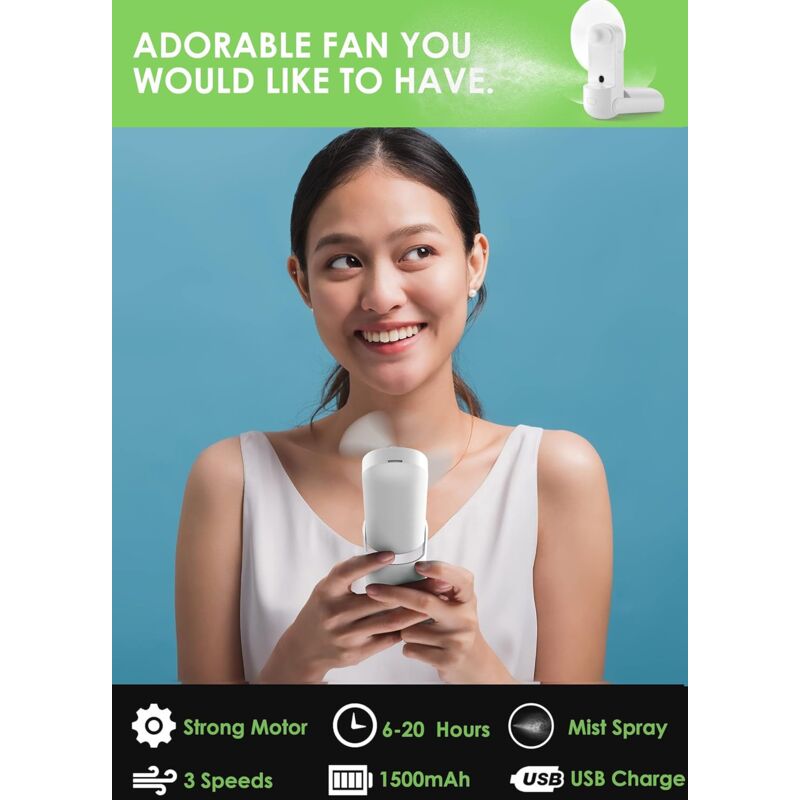 Portable Misting Fan, 3 In 1 Handheld Fan, 3 Adjustable Speeds, Foldable Personal Fan For Girls Women Traveling (White) - Image 2