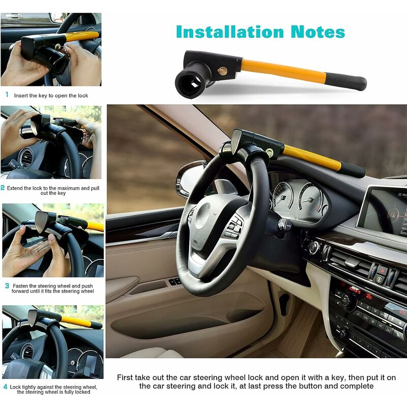 Retractable Car Steering Wheel Lock, Heavy Duty T-Bar Universal Steering Wheel Clamp With 2 Keys For Cars, Trailers, - Image 3