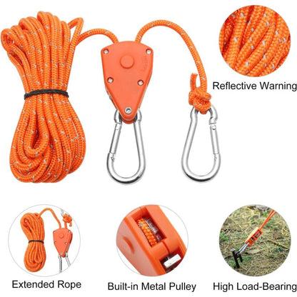 2 Pieces 4M Adjustable Ratchet ROpe, Orange 1/8 Ratchet Pulley With 2 Replacement Hooks, Reflective Ratchet ROpe - Image 3