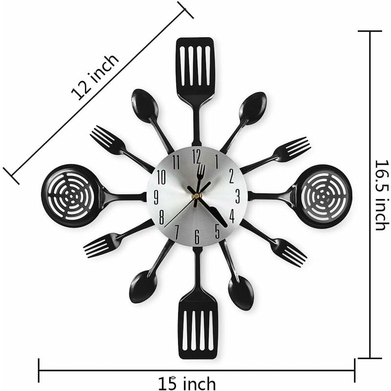 16" Large Kitchen Wall Clocks With Spoons And Forks, Great Home Decor And Nice Gifts, Black - Image 2