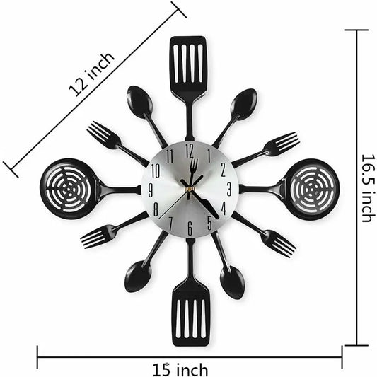 16" Large Kitchen Wall Clocks With Spoons And Forks, Great Home Decor And Nice Gifts, Black - Image 2