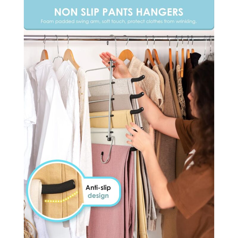 2 Pack Space Saving Hangers - Non-Slip Trouser Hanger With Foam Padded Swing Hanger Multi-Layer Hanger Organizer And - Image 4