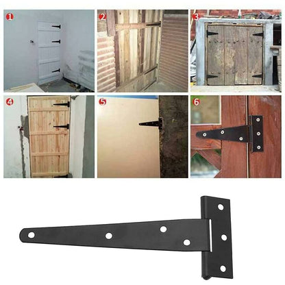 6 Pack T-Shaped Hinges For Garden Shed - 10Cm - Heavy Duty - Forged Steel - Rustproof - Black - Image 2