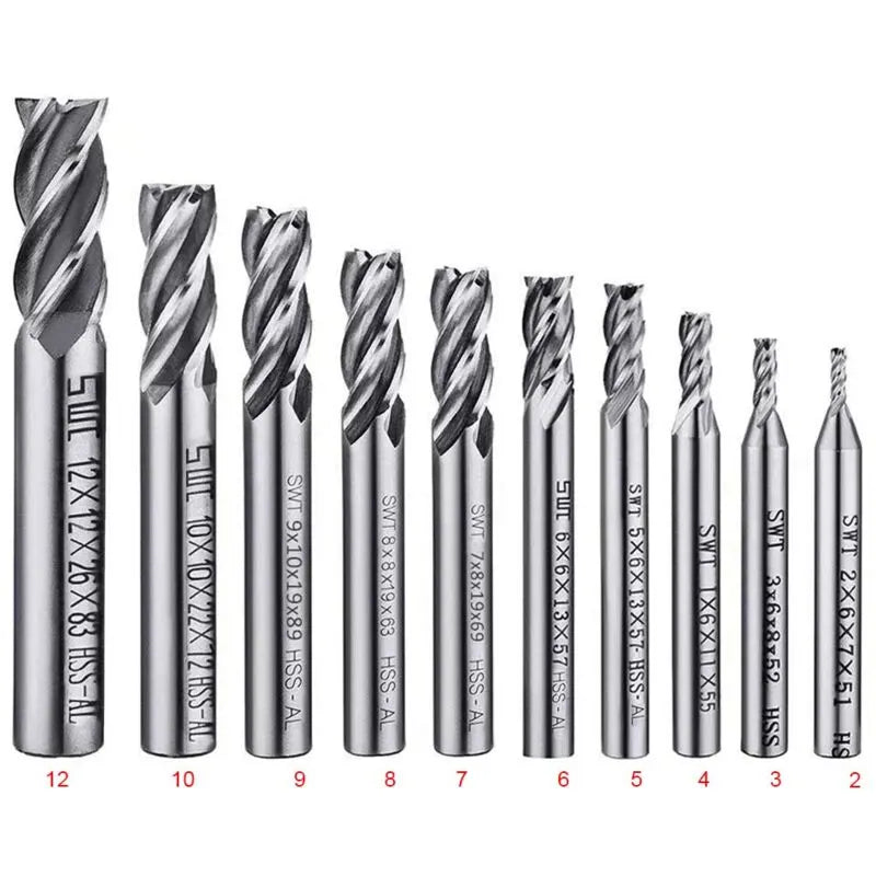 10 pcs 4 Flute End Mill Bit Set - 2-12Mm Hss Straight Shank Drill Bit Set Cnc Drill Bits Tool Set For Wood Aluminum - Image 2