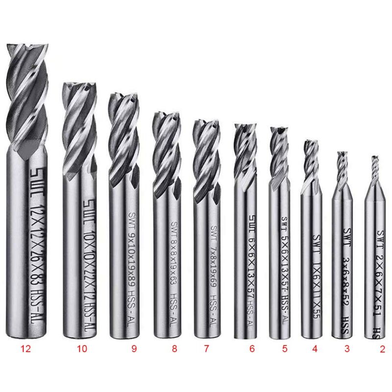 10 pcs 4 Flute End Mill Bit Set - 2-12Mm Hss Straight Shank Drill Bit Set Cnc Drill Bits Tool Set For Wood Aluminum - Image 4