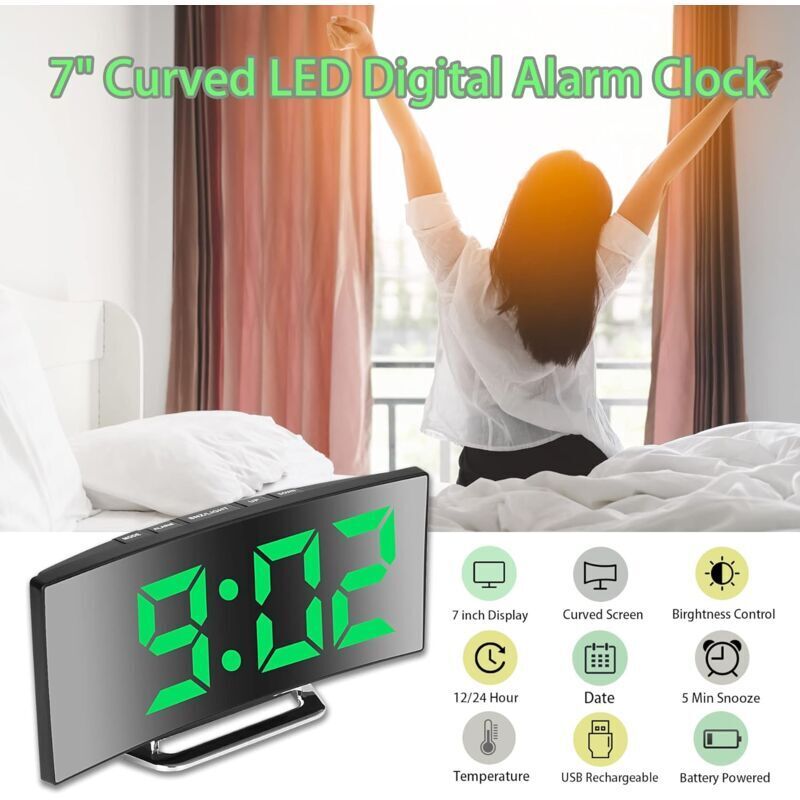 Digital Alarm Clock For Bedroom, 7'' LED Mirror Screen, 2 Brightness, Temperature, DAte, Usb Powered, Memory Function - Image 3