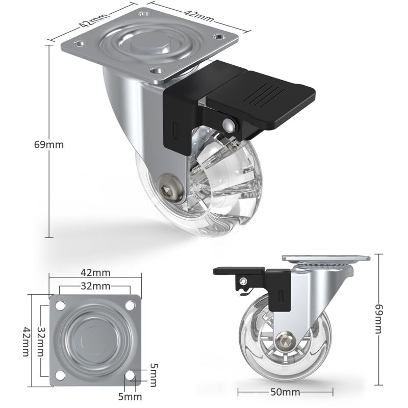 4 pcs Set Furniture Casters With Brakes, 360° Swivel Casters, Up To 600Kg, No Marks On The Floor, Screws Included - Image 2