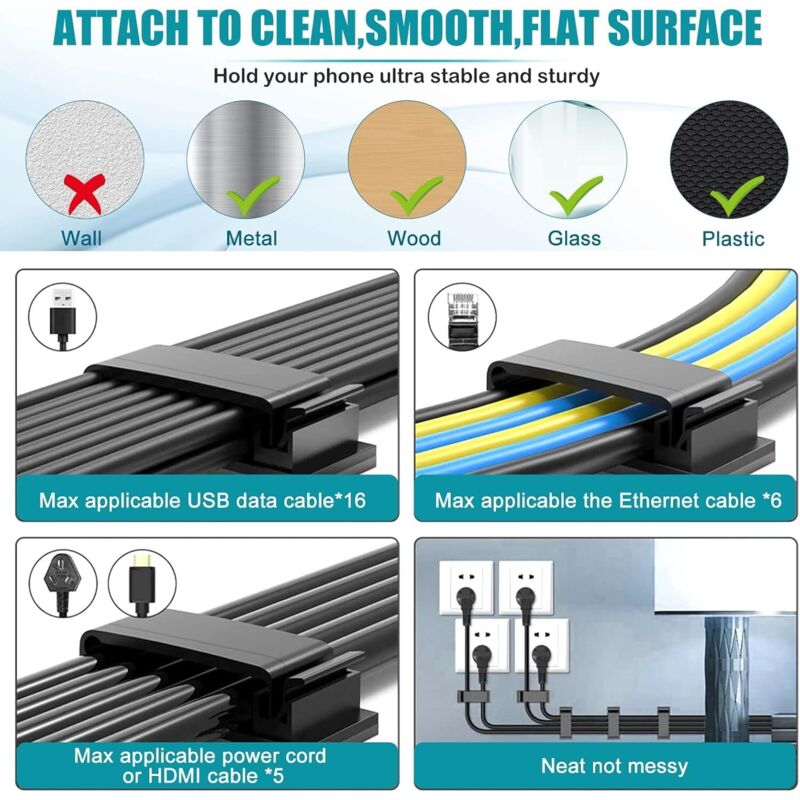 10 pcs Self-Adhesive Cable Management Holder Durable Clips For Tv Pc Laptop Ethernet Cable Home Office (Black) - Image 4