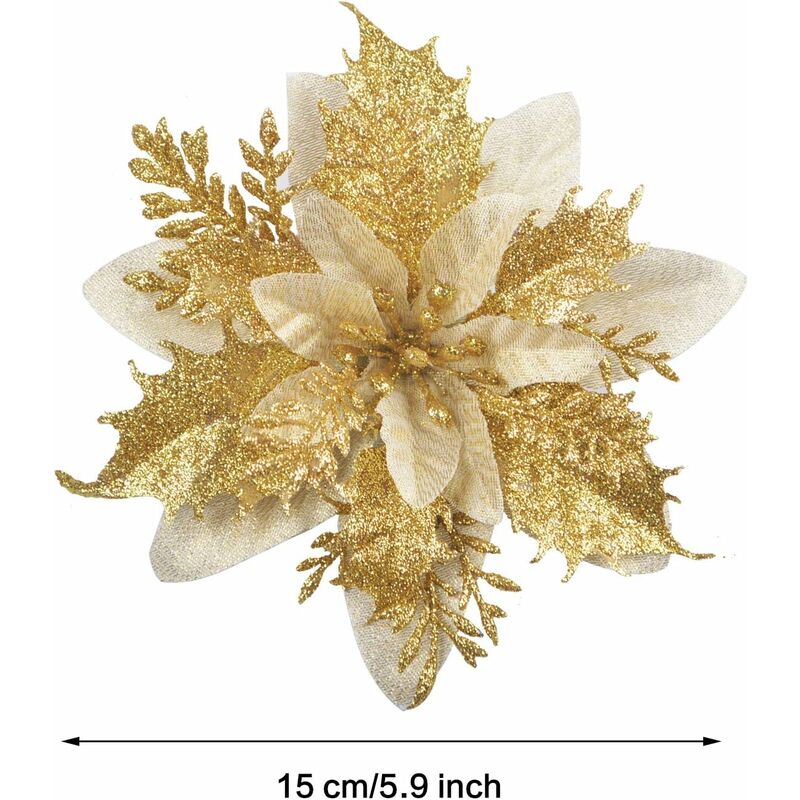12 pcs Glitter Christmas Flowers (15Cm) With 12 pcs Artificial Poinsettia For Christmas Tree（Gold） - Image 2