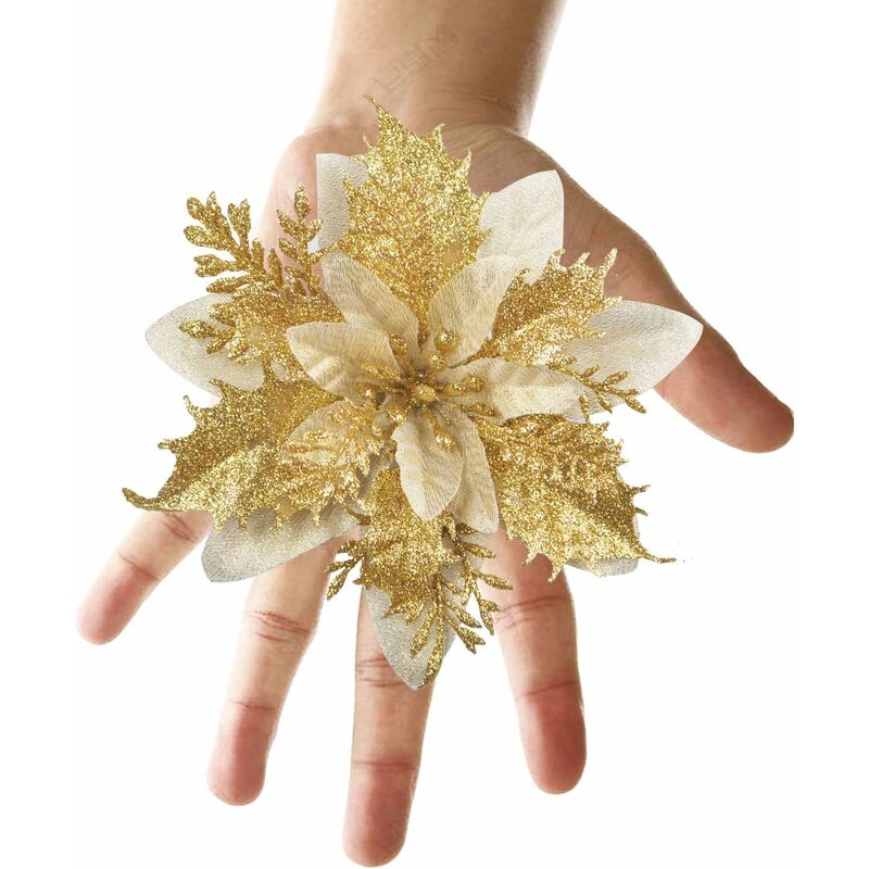 12 pcs Glitter Christmas Flowers (15Cm) With 12 pcs Artificial Poinsettia For Christmas Tree（Gold） - Image 4